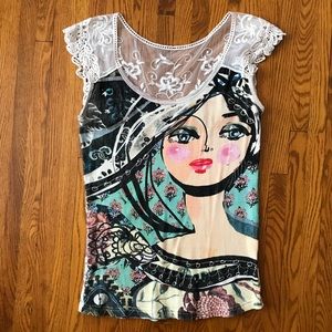 RARE Cotton/lace Desigual statement top